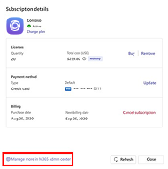 Screenshot shows how to manage the additional subscriptions in M365 admin center.